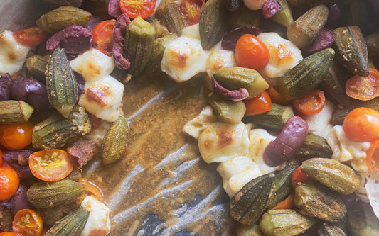 Pan-fried Okra with tomato, olives & halloumi - Bamia bil siniyhe